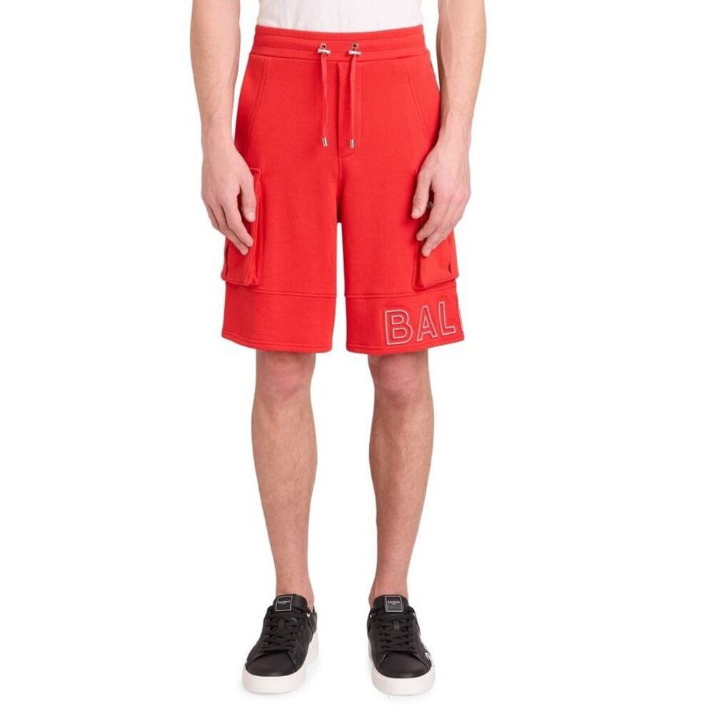 $1,250 NWT Balmain Red Embossed Cotton Reflective Logo Cargo Shorts Size S
